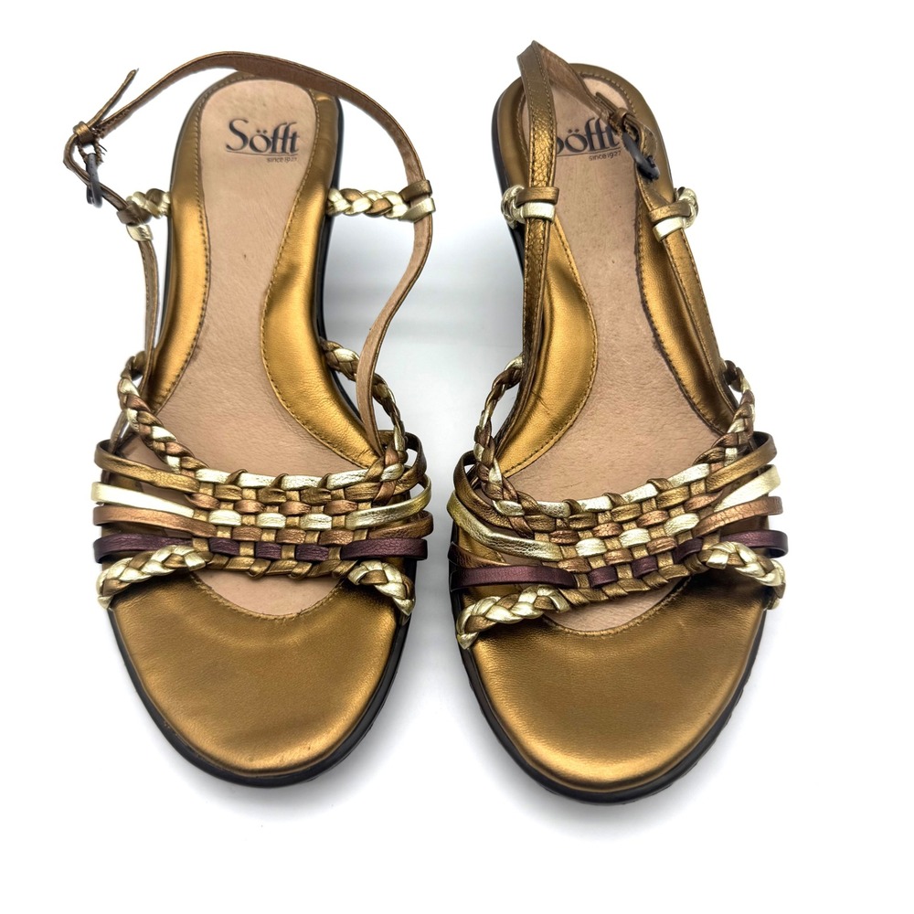 9M Söfft Metallic Gold Bronze Braided Strappy Wedge Sandals Leather Boho Y2K